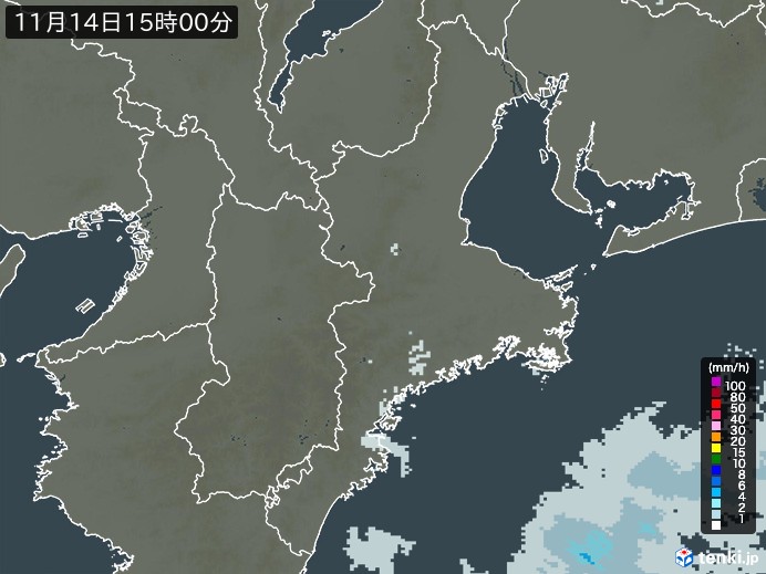 三重県の雨雲レーダー(2024年11月14日)
