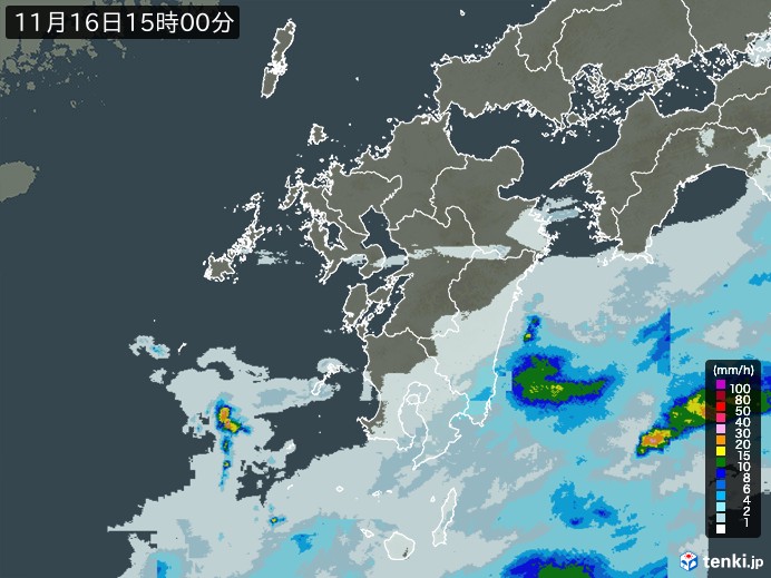 九州地方の雨雲レーダー(2024年11月16日)