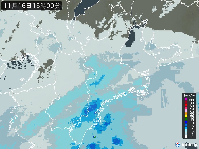 三重県の雨雲レーダー(2024年11月16日)
