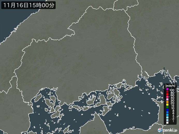 広島県の雨雲レーダー(2024年11月16日)