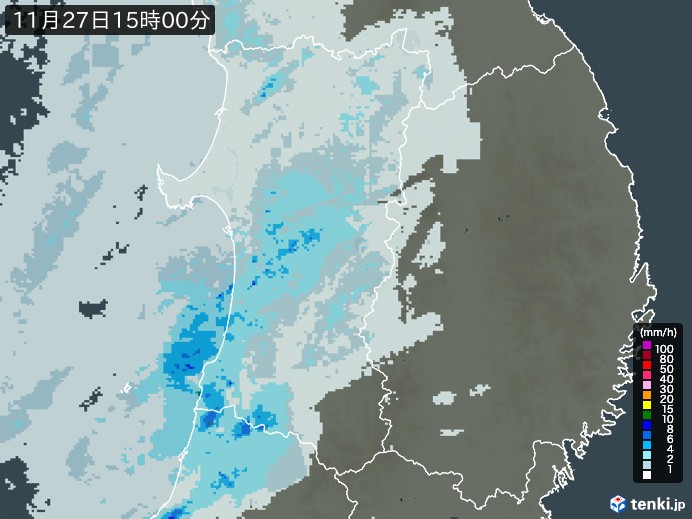 秋田県の雨雲レーダー(2024年11月27日)