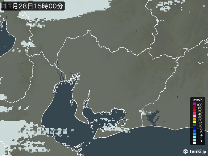 愛知県の雨雲レーダー(2024年11月28日)