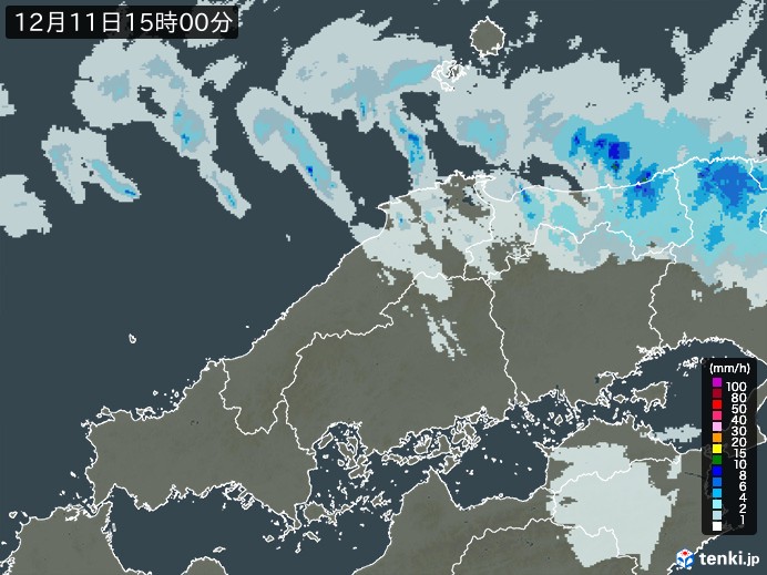 中国地方の雨雲レーダー(2024年12月11日)