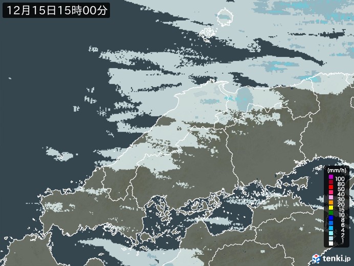 中国地方の雨雲レーダー(2024年12月15日)