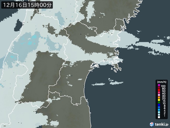 宮城県の雨雲レーダー(2024年12月16日)