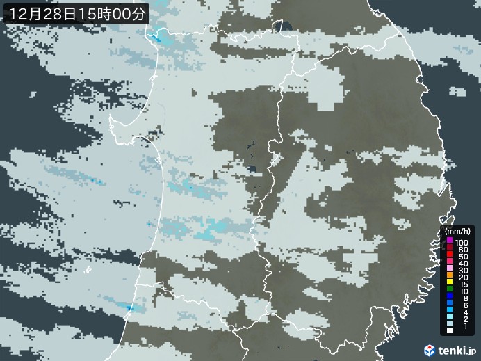 秋田県の雨雲レーダー(2024年12月28日)
