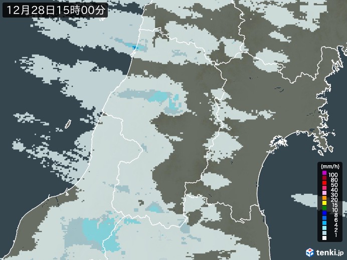 山形県の雨雲レーダー(2024年12月28日)