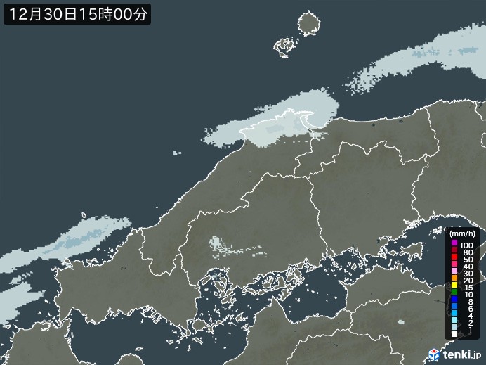中国地方の雨雲レーダー(2024年12月30日)