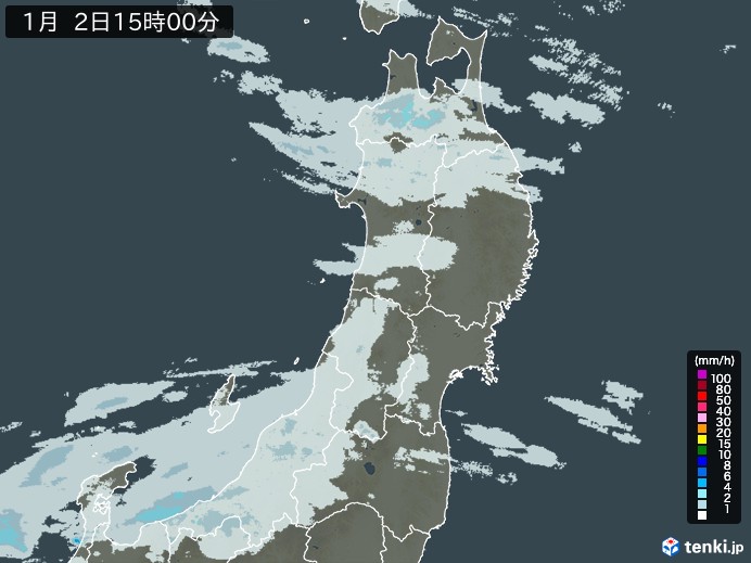 東北地方の雨雲レーダー(2025年01月02日)
