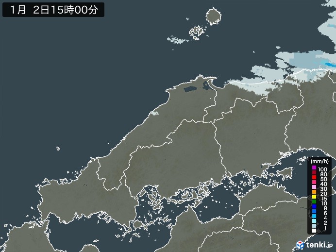 中国地方の雨雲レーダー(2025年01月02日)