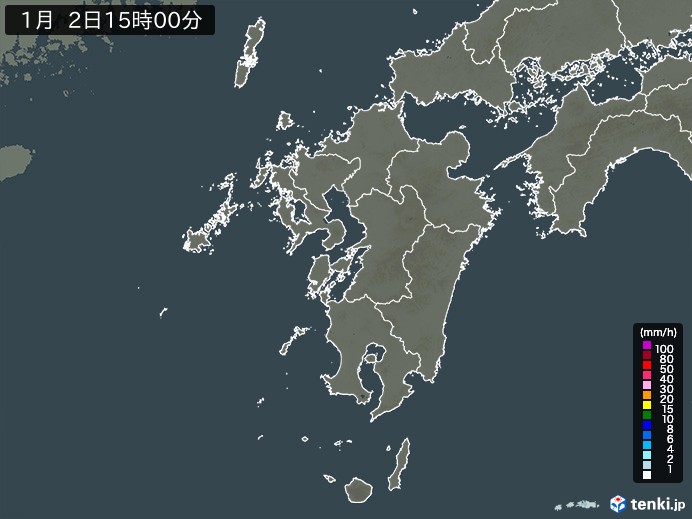 九州地方の雨雲レーダー(2025年01月02日)