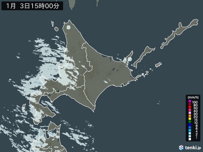 北海道地方の雨雲レーダー(2025年01月03日)