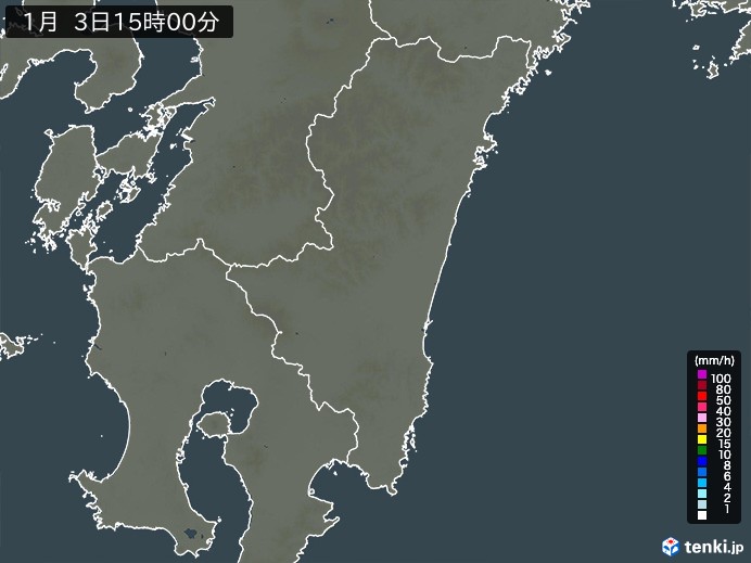 宮崎県の雨雲レーダー(2025年01月03日)