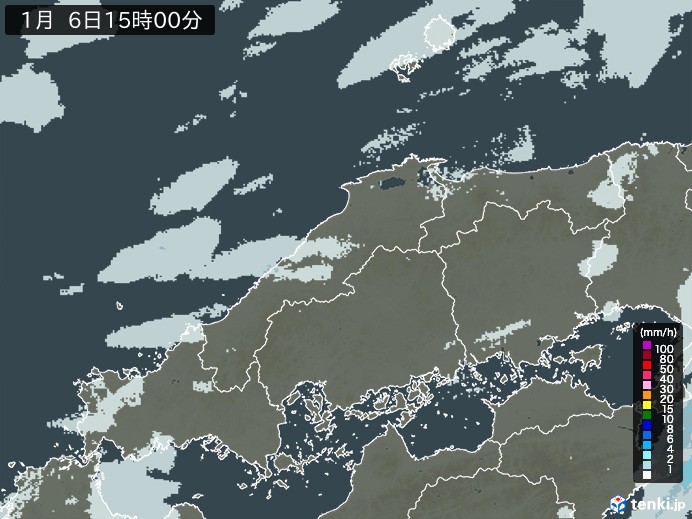 中国地方の雨雲レーダー(2025年01月06日)