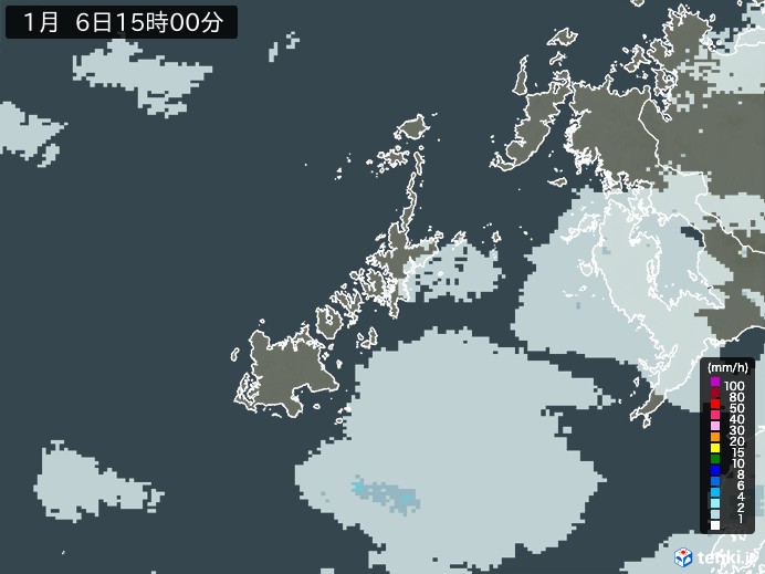 五島列島(長崎県)の雨雲レーダー(2025年01月06日)