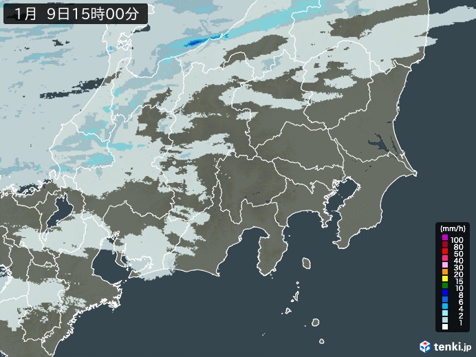 関東・甲信地方の雨雲レーダー(2025年01月09日)