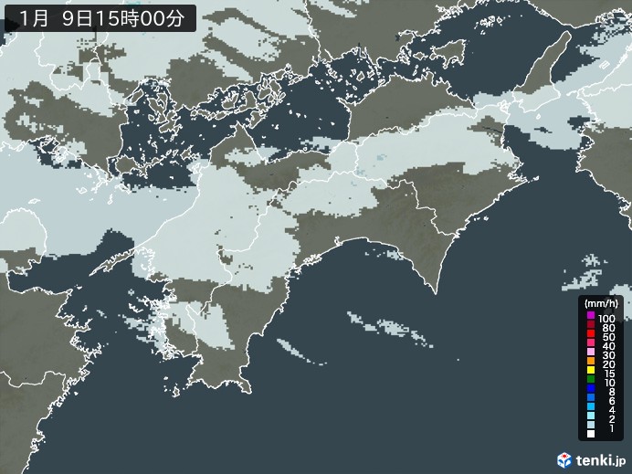 四国地方の雨雲レーダー(2025年01月09日)