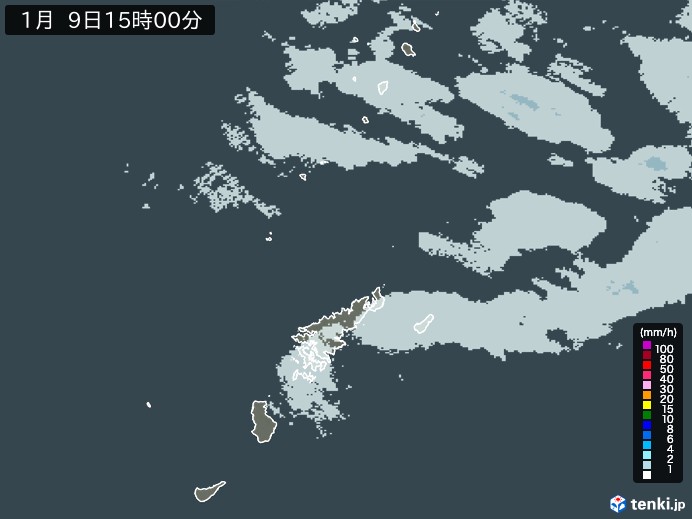 奄美諸島(鹿児島県)の雨雲レーダー(2025年01月09日)