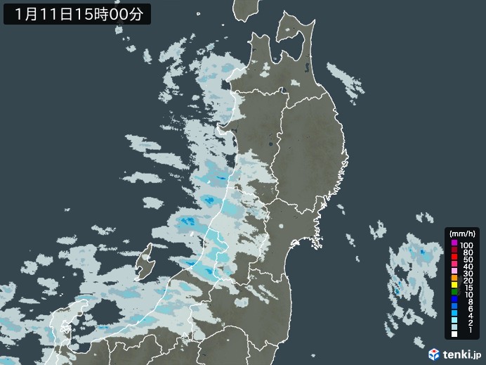 東北地方の雨雲レーダー(2025年01月11日)