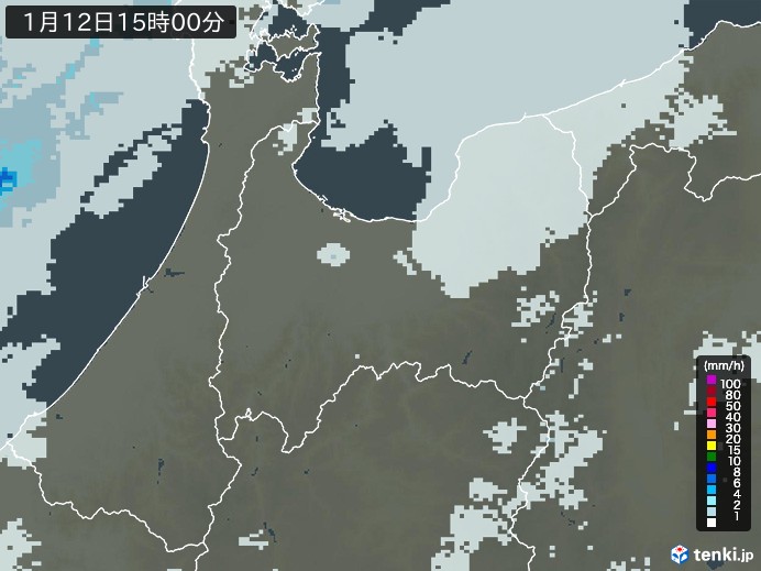 富山県の雨雲レーダー(2025年01月12日)