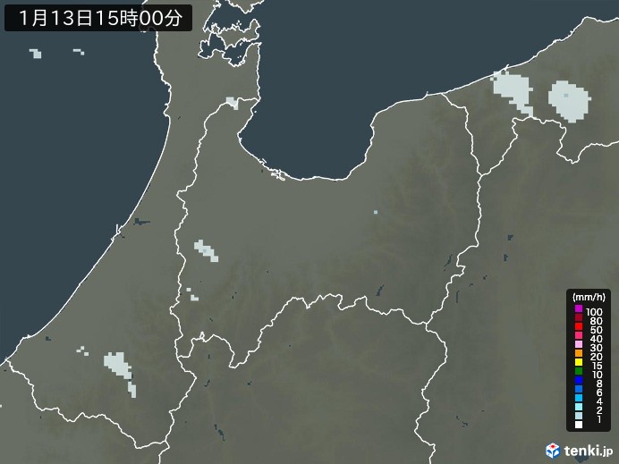 富山県の雨雲レーダー(2025年01月13日)