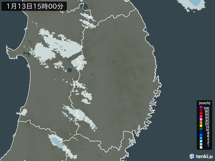 岩手県の雨雲レーダー(2025年01月13日)