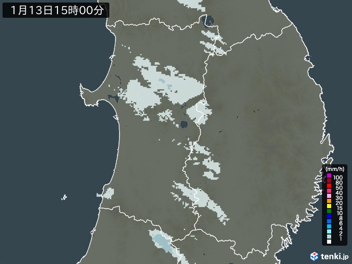 秋田県の雨雲レーダー(2025年01月13日)