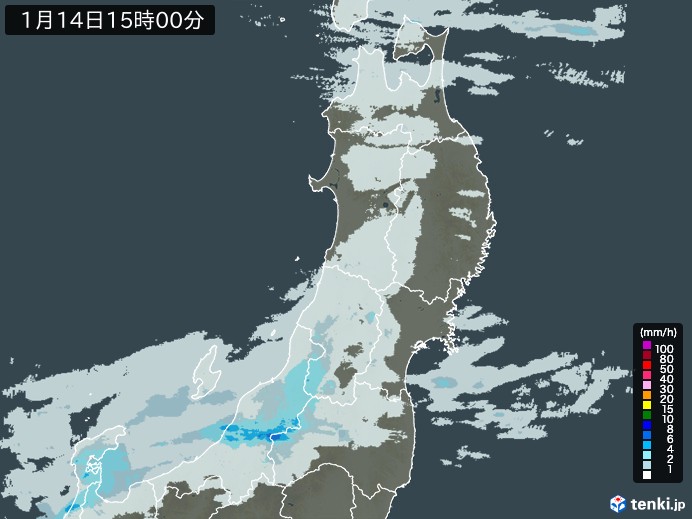 東北地方の雨雲レーダー(2025年01月14日)