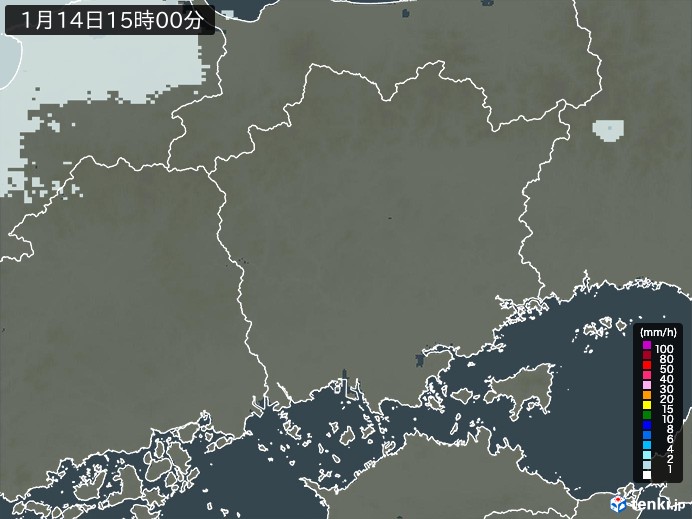 岡山県の雨雲レーダー(2025年01月14日)