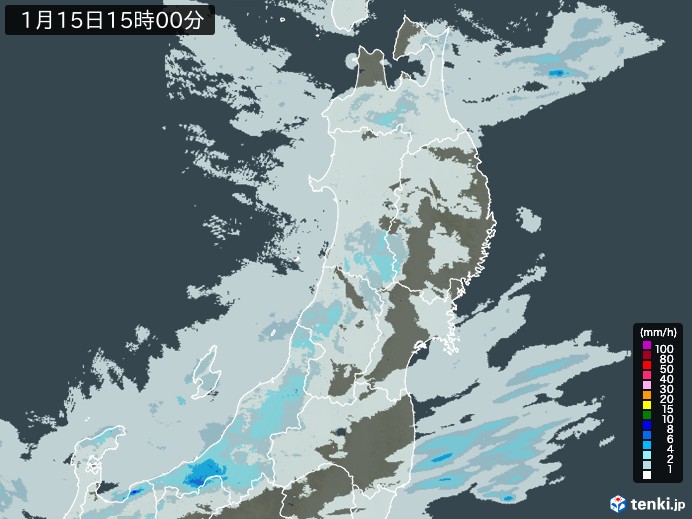 東北地方の雨雲レーダー(2025年01月15日)