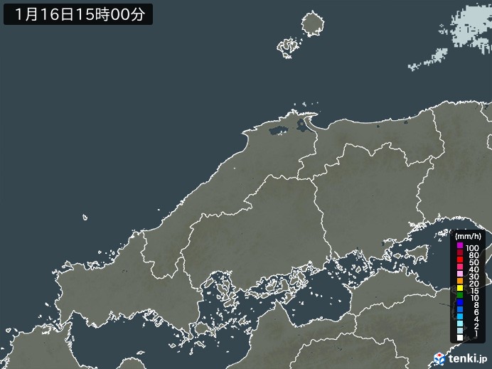 中国地方の雨雲レーダー(2025年01月16日)