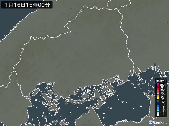 広島県の雨雲レーダー(2025年01月16日)