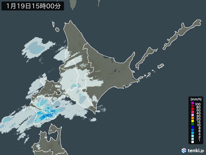 北海道地方の雨雲レーダー(2025年01月19日)