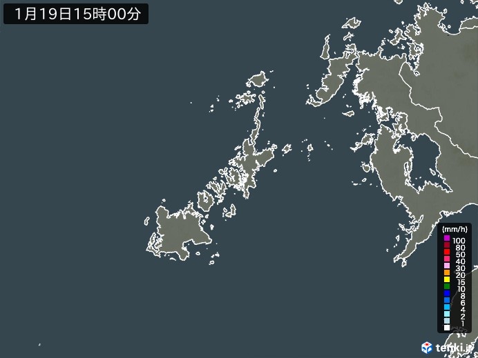 五島列島(長崎県)の雨雲レーダー(2025年01月19日)