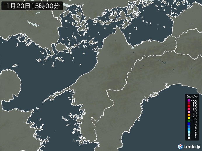 愛媛県の雨雲レーダー(2025年01月20日)