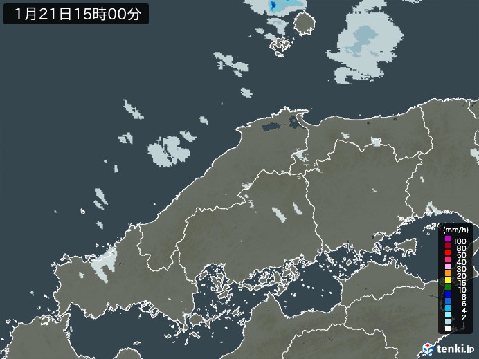 中国地方の雨雲レーダー(2025年01月21日)