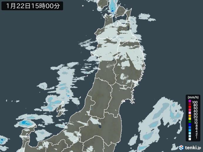 東北地方の雨雲レーダー(2025年01月22日)
