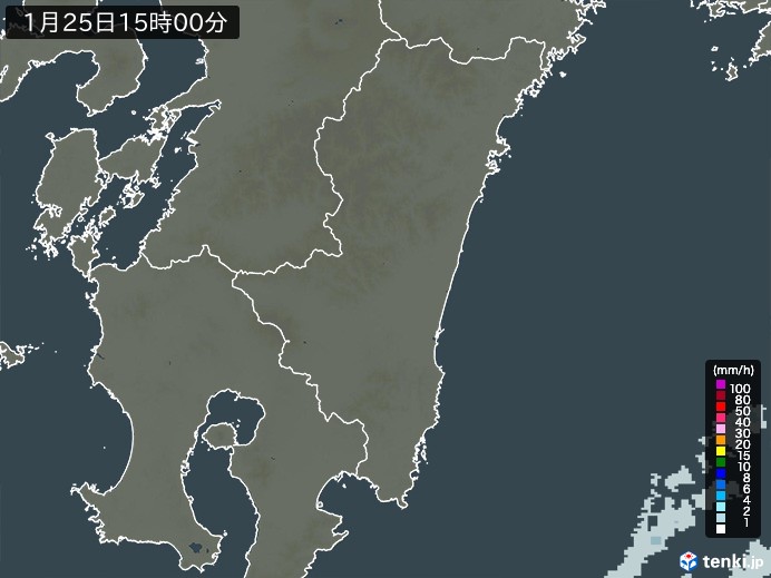 宮崎県の雨雲レーダー(2025年01月25日)