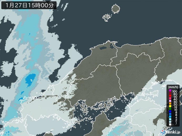 中国地方の雨雲レーダー(2025年01月27日)