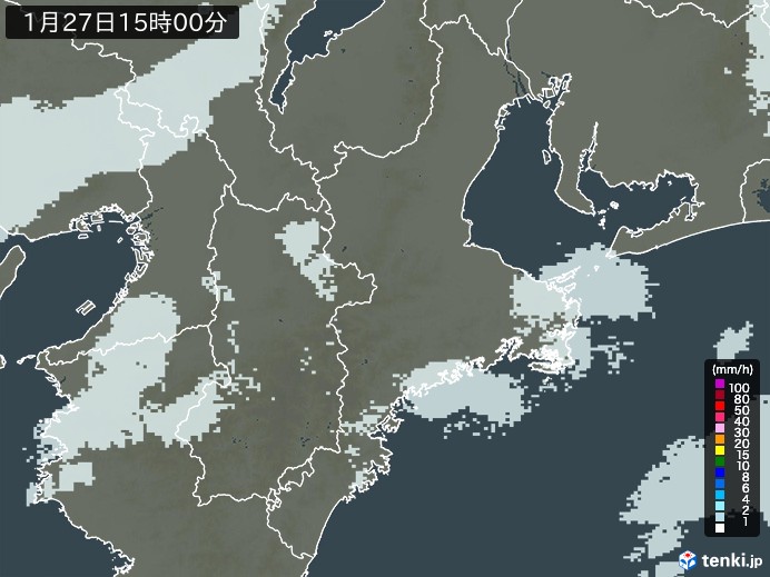 三重県の雨雲レーダー(2025年01月27日)
