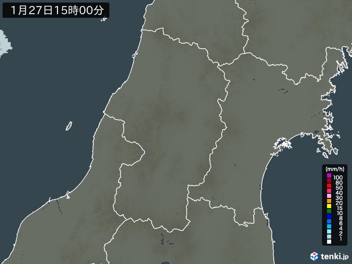 山形県の雨雲レーダー(2025年01月27日)