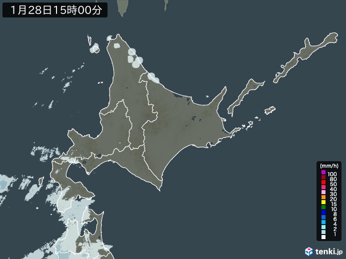 北海道地方の雨雲レーダー(2025年01月28日)