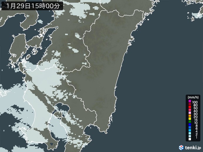 宮崎県の雨雲レーダー(2025年01月29日)
