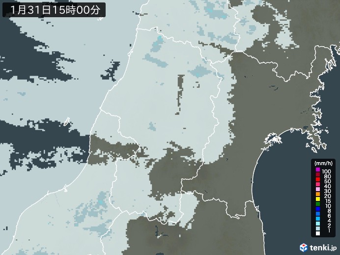 山形県の雨雲レーダー(2025年01月31日)