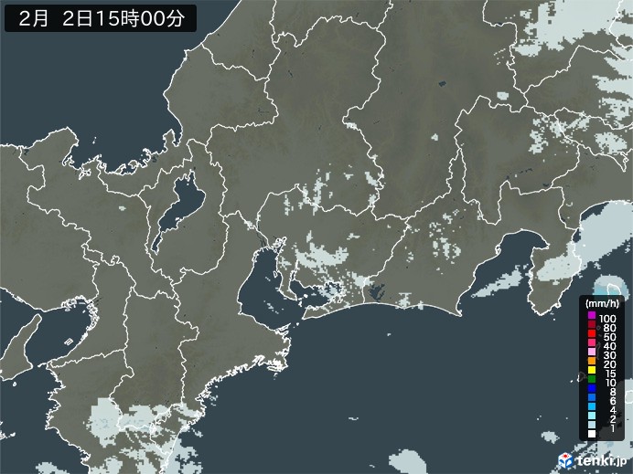 東海地方の雨雲レーダー(2025年02月02日)
