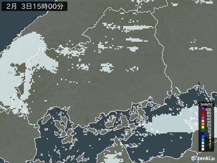 広島県の雨雲レーダー(2025年02月03日)