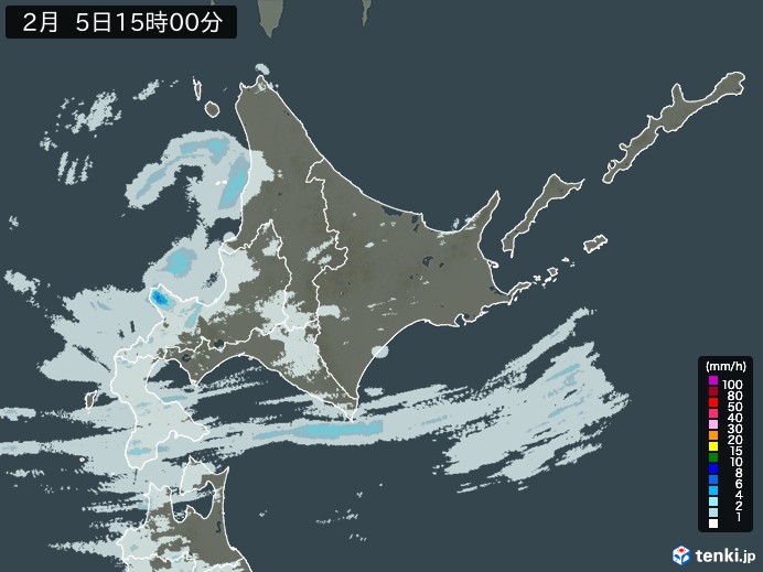 北海道地方の雨雲レーダー(2025年02月05日)