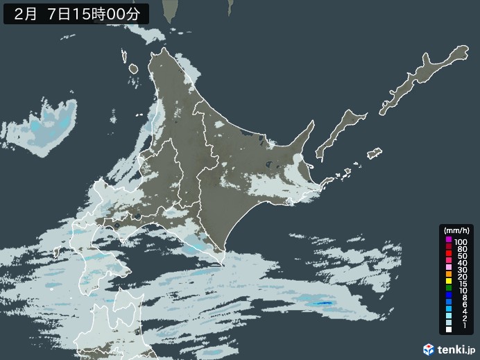 北海道地方の雨雲レーダー(2025年02月07日)