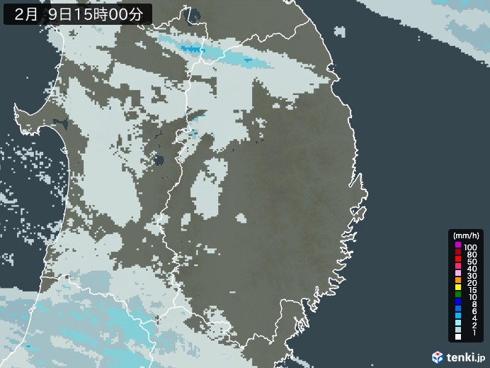 岩手県の雨雲レーダー(2025年02月09日)