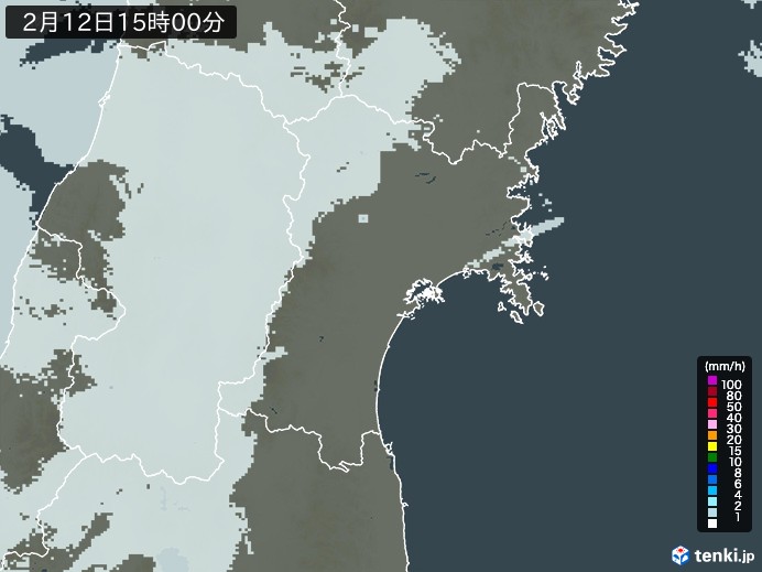 宮城県の雨雲レーダー(2025年02月12日)